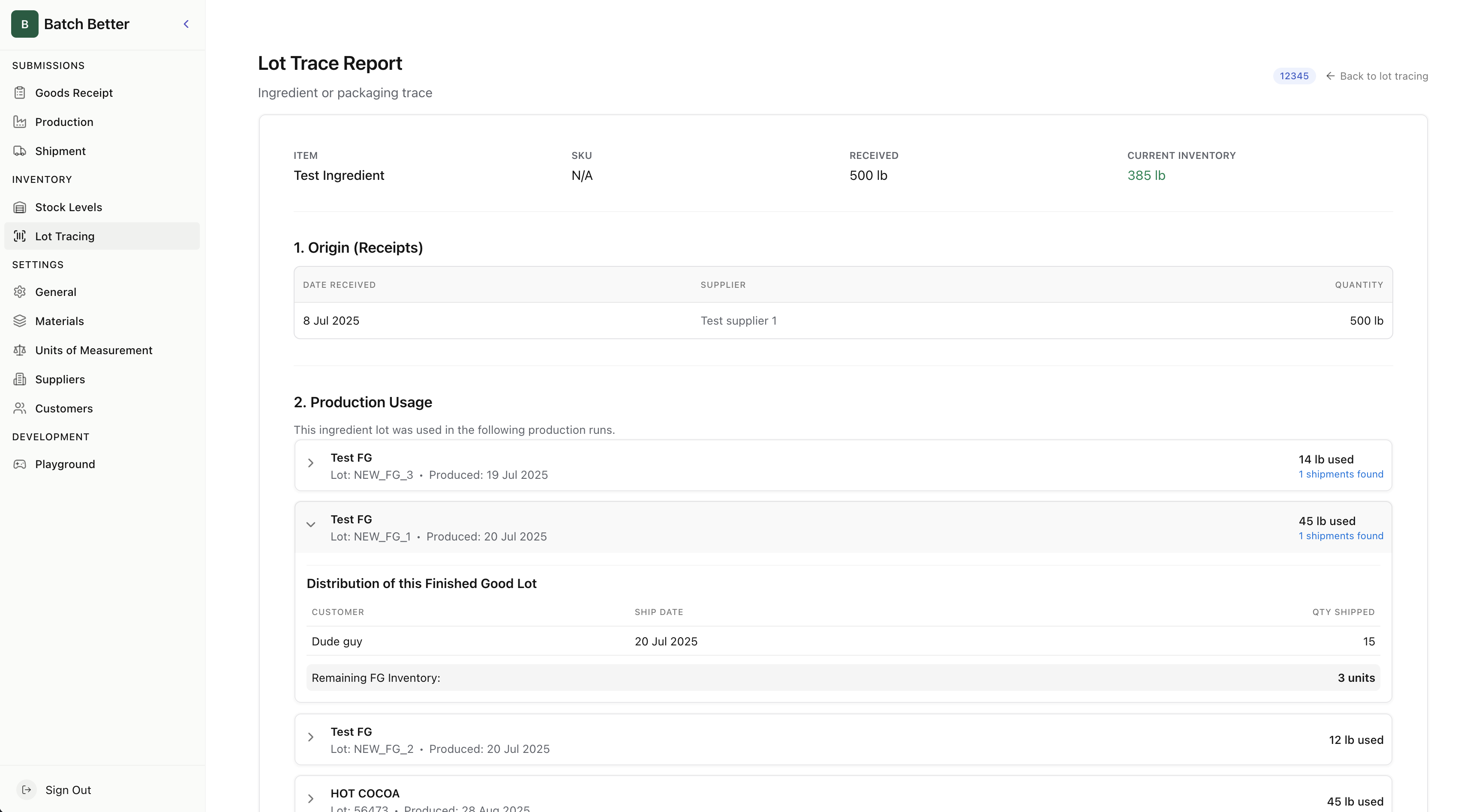 Lot Trace Report showing full ingredient traceability from receipt through production to customer shipment